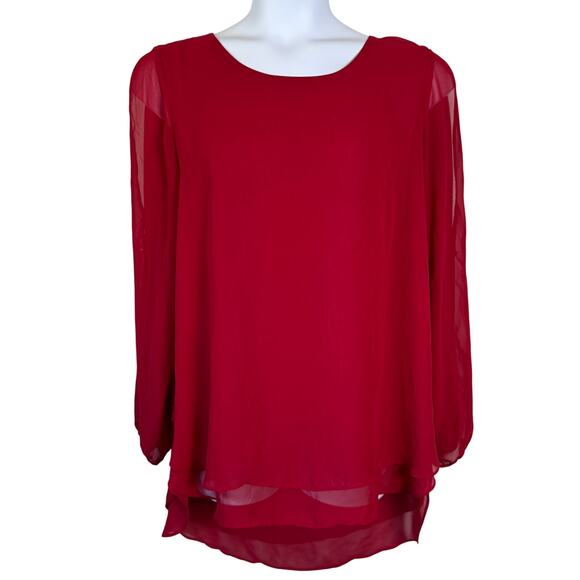 Zac & Rachel Red Top Sz XL Sheer Split Long Sleeve Hi-Low Boho Chic Romantic - Picture 1 of 10